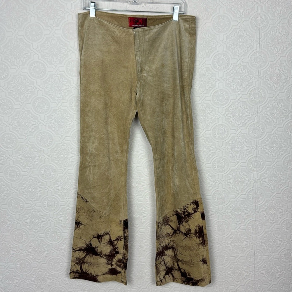 Vintage Johnny Blaze Flame 100% Suede Leather Flare Pants Tan Fitted 90s Y2K